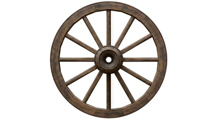 A wooden wagon wheel with a central hub and twelve spokes on a white background