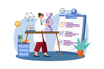 Scientist in White Coat Examining DNA Helix Next to Clipboard with Checklist on Transparent Background