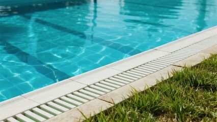 Clear blue water in a swimming pool with tiled edge and grass nearby