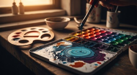 Naklejka premium Artist dripping vibrant blue paint onto colorful watercolor palette