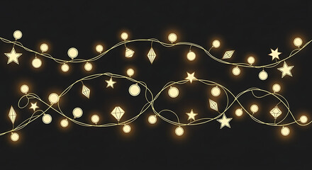 Festive string lights with glowing bulbs and decorative shapes against a dark background.