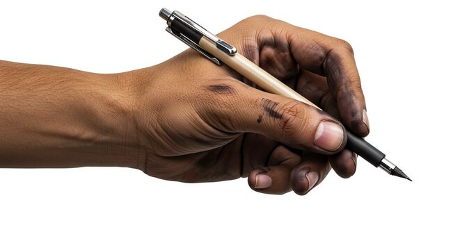 Arm  hand holding a mechanical pencil smudged with gray over white backdrop