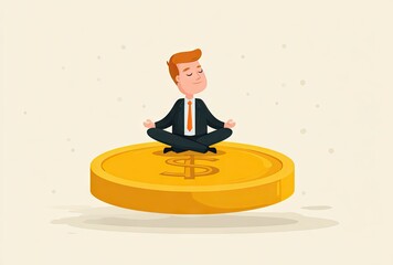 Businessman meditating on a gold coin financial serenity concept
