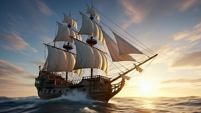 Historic pirate sailing ship at sunset on the open ocean with dramatic waves and golden sky