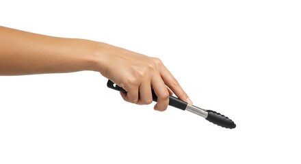 Hand holding black cooking tongs against white background