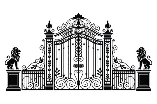 Ornate Iron Gate with Lions Leading to Rosewood Gardens Black and White
