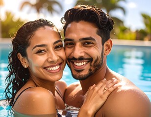 Happy couple embracing in a pool, smiling at the camera