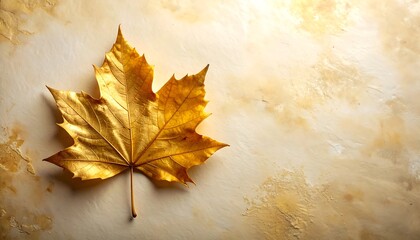 Golden autumn leaf isolated on textured paper background with text space. 