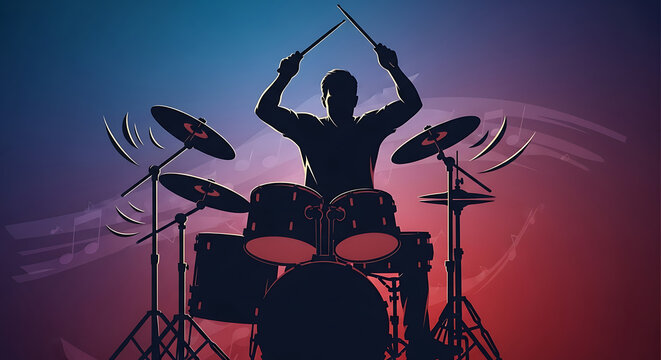 Silhouette of a drummer playing a drum set with drumsticks raised high, against a vibrant background.