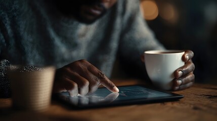 Person analyzing market data on a tablet with a coffee in a cozy cafe setting