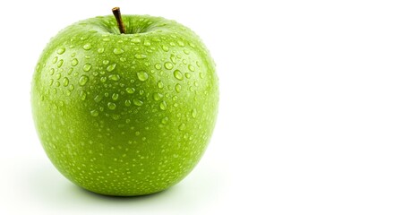 Green apple with water droplets sits on a white surface