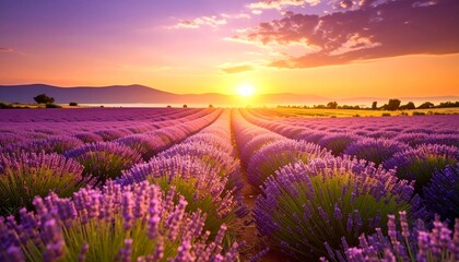 A breathtaking sunset illuminates endless rows of vibrant lavender fields under a dramatic sky