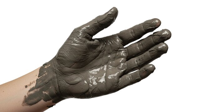 Hand fully covered in mud with glossy sheen against a white backdrop