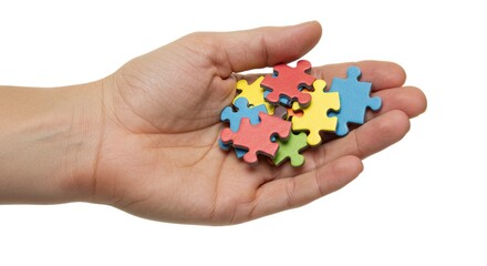 Hand holding colorful puzzle pieces against a white background