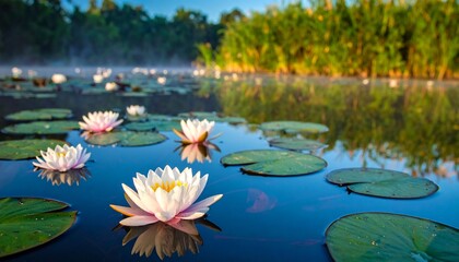 Tranquil Water Lilies Floating on a Serene Lake at Sunrise