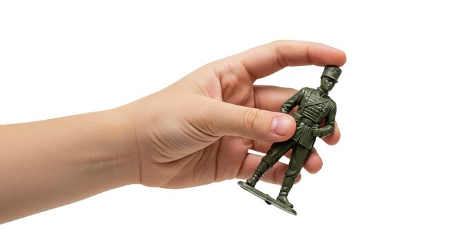 Hand holding a green toy soldier viewed at an angle on a white background - Powered by Adobe