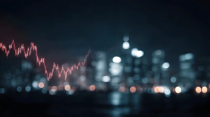 A red financial graph overlays a blurred city skyline at night depicting market trends