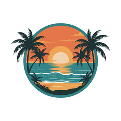 Obraz premium Tropical beach sunset scene with palm trees in circle frame
