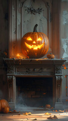 Spooky Jack O Lantern Halloween Pumpkin on Fireplace Mantle.
