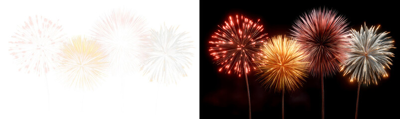 Set of Colorful fireworks display lighting up the night sky in celebration Display on Transparent and Black Background, png