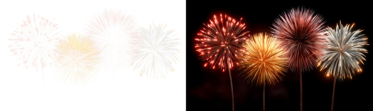 Set of Colorful fireworks display lighting up the night sky in celebration Display on Transparent and Black Background, png