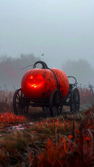 Giant Glowing Pumpkin Carriage in Misty Autumn Field.