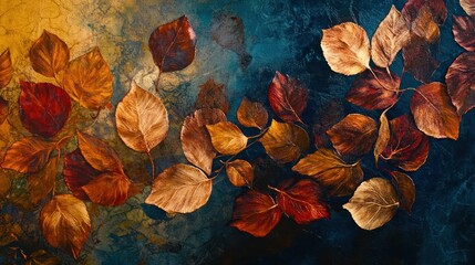 Textured Autumn Leaves Artistry: Rich Ochre and Crimson Hues on Deep Teal Background
