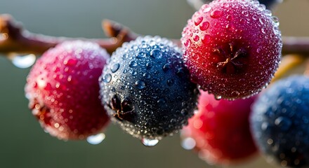 Fresh colorful berries covered in water droplets on a branch close up