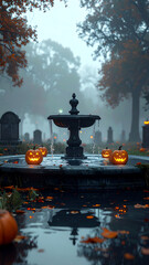 Spooky Halloween Cemetery Fountain with Jack O Lanterns and Fog.
