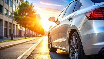 Sleek modern automobile parked on a quiet city street with the warm, golden light of the setting sun in the background