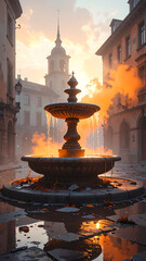 Old European Fountain in a City Square at Sunset.