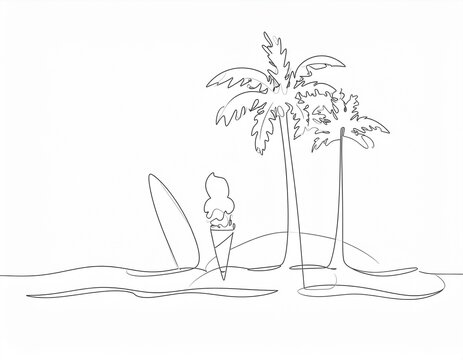 Hand drawn vector illustration of a surfer on a tropical pantai with pohon telapak against a langit blue laut on a musim panas liburan