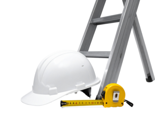 White construction helmet with measuring tape and ladder isolated on transparent background PNG