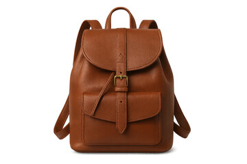 Brown leather backpack with buckle on transparent background