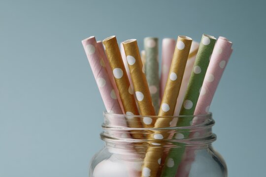 Colorful paper straws in shades of pink, green, and brown are placed upright in a transparent jar. The soft blue background adds a cheerful touch, perfect for any festive gathering