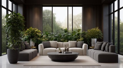 Serene Living Room: A modern living room showcases minimalist elegance, featuring sleek furniture, natural light, and an indoor garden oasis.