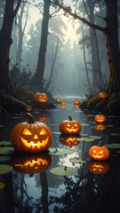 Glowing Jack O Lanterns Floating Down a Misty Forest Stream.