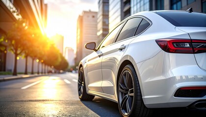 Fototapeta premium Sleek Sedan Glides Through Urban Landscape, Sunlight Streaming on Buildings