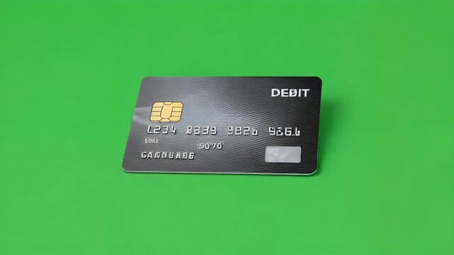 Dynamic debit card floating against a vibrant green backdrop, perfect for financial concepts, business promotions, and modern design projects.