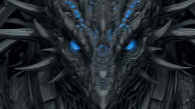 Intense dragon portrait close up with glowing blue eyes and armor