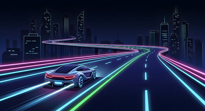 Futuristic self-driving car navigating a vibrant neon-lit city highway at night, representing technological advancement and future transportation