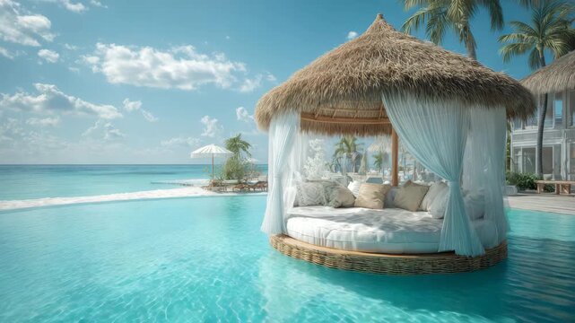 Seaside relaxation with daybed and palm trees

