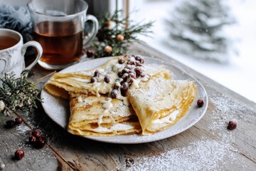 Golden thin crepes are elegantly folded on a plate, topped with cream and fresh berries while warm tea sits nearby. This scene captures the essence of a cozy winter day