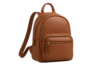 Brown leather mini backpack with zippers on transparent background