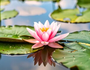 Pink water lily afloat on calm water, reflected in the surface, surrounded by lily pads