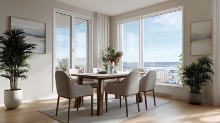 Fototapeta premium Elegant Dining Room: A bright and airy dining room features a beautifully set wooden table, complemented by modern chairs and lush plants. The large windows offer a scenic view.