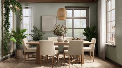 Serene Dining Room Scene: A bright dining area decorated with minimalist decor. Natural light streams in, illuminating the minimalist design with plants and a neutral color palette. 