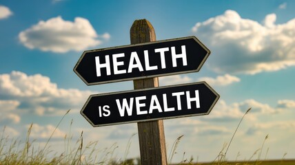 Embrace holistic wellness health is wealth message on rustic sign in nature inspires mindful living choices
