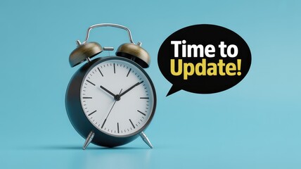 Time to update your software or system now says clock with speech bubble on bright background