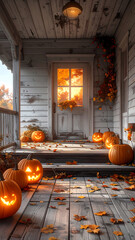 Halloween pumpkins on a porch with autumn leaves.